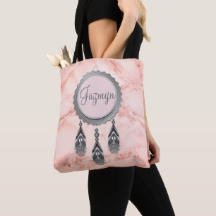  Grey Dreamcatcher on Pink Marble Personalised Tote Bag