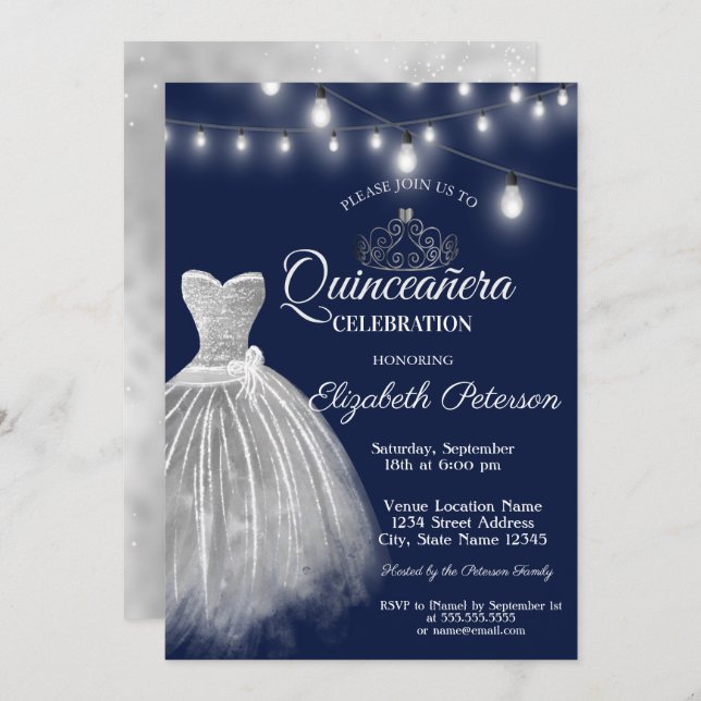 Grey Dress Navy Blue Quinceañera  Invitation (Front/Back)