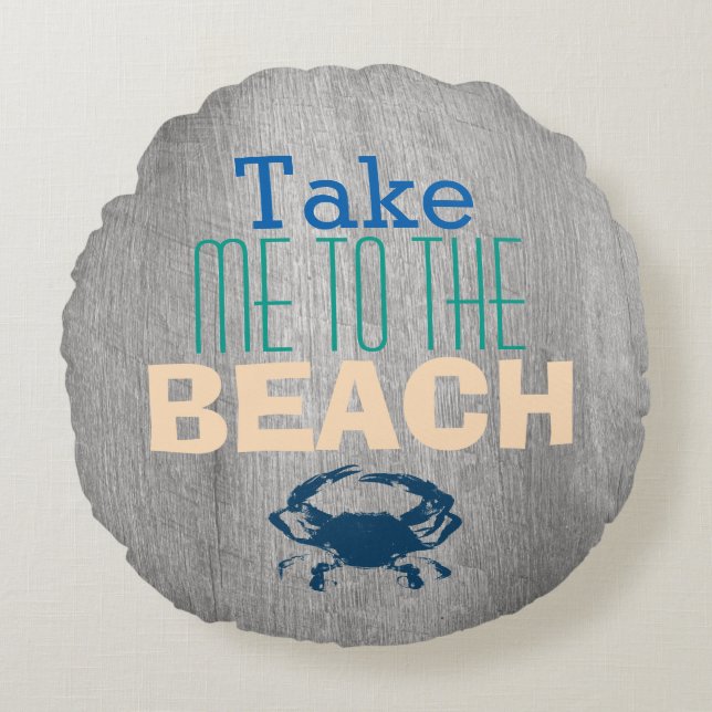 Grey Driftwood Beach Blue Crab Round Cushion (Front)