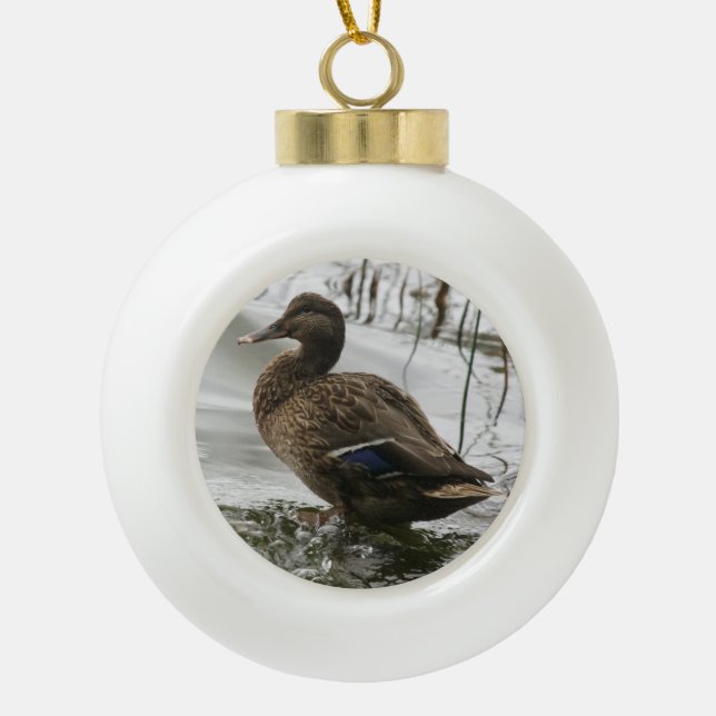 Grey duck on dark the lake ceramic ball christmas ornament (Front)