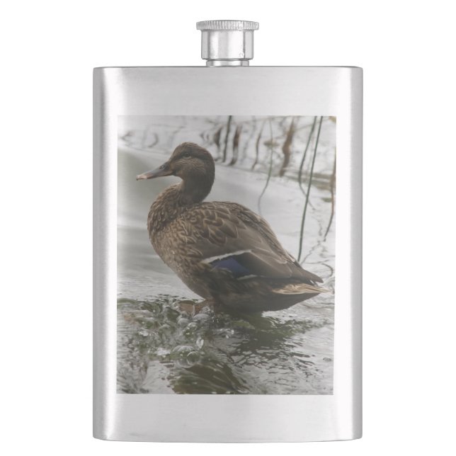Grey duck on dark the lake hip flask (Front)