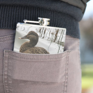 Grey duck on dark the lake hip flask