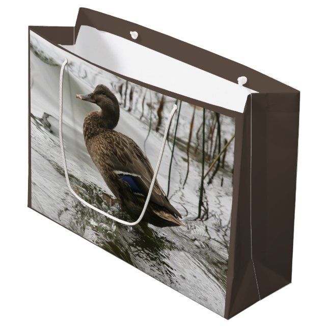 Grey duck on dark the lake large gift bag (Front Angled)