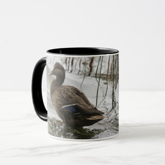 Grey duck on dark the lake mug (Front Left)