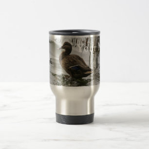 Grey duck on dark the lake travel mug