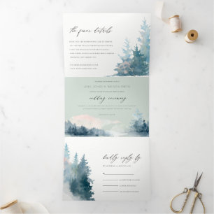 GREY DUSKY BLUE MOUNTAINS PINE WATERCOLOR WEDDING Tri-Fold INVITATION