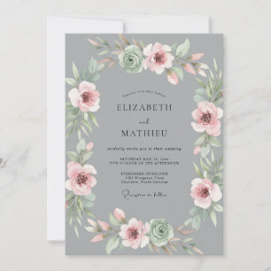 Grey Dusty Pink Wreath Wedding Invitation