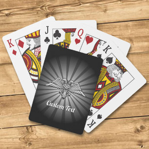 Grey eagle with two heads playing cards