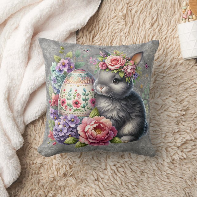 Grey Easter Bunny Damask Pattern Throw Pillow (Blanket)