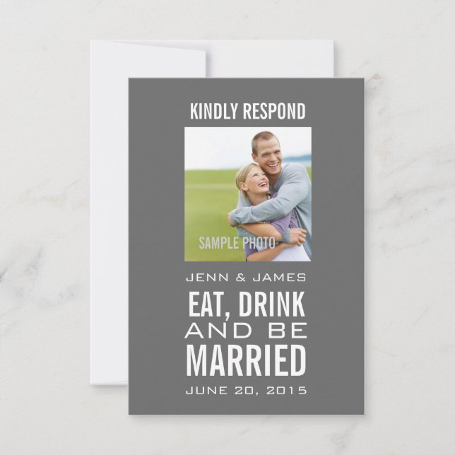 Grey Eat Drink Be Married Photo Wedding RSVP (Front)