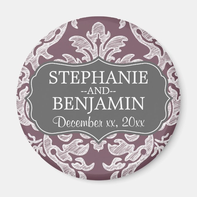 Grey & Eggplant Damask Pattern Wedding Favour Magnet (Front)