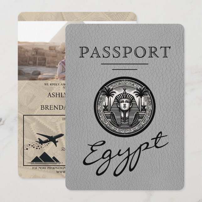 Grey Egypt Passport Wedding Invitation (Front/Back)
