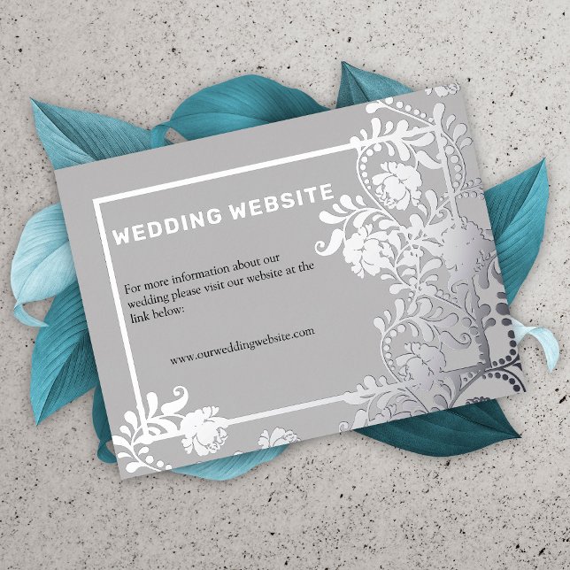 Grey Elegance Silver Flowers Wedding Website Foil Invitation Postcard (Gray Elegance Silver Flowers Wedding Website Card by the Elegant Wedding)