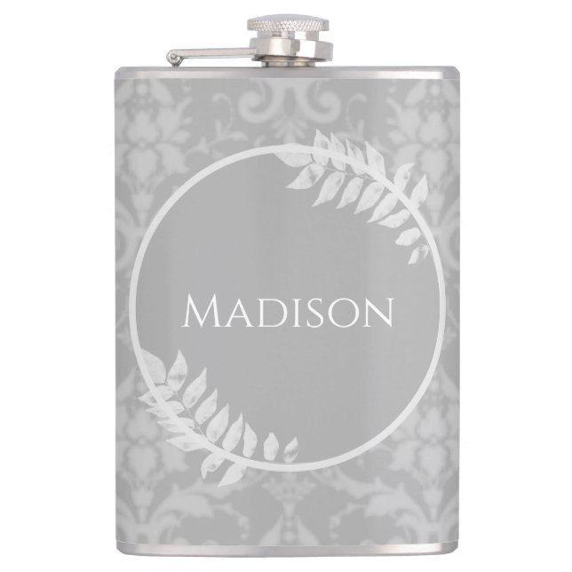Grey Elegant Damask Flask (Front)