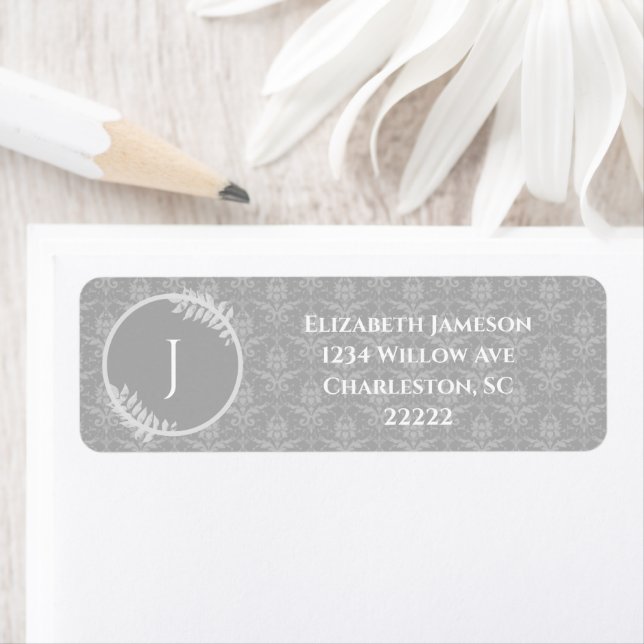 Grey Elegant Damask Label Return Address Label (Insitu)