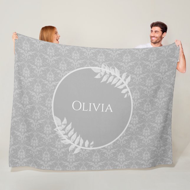 Grey Elegant Damask Personalised Fleece Blanket (In Situ)