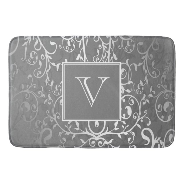 Grey Elegant Flourish Monogram Bath Mat (Front)