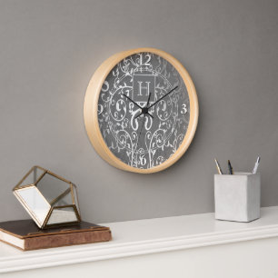 Grey Elegant Flourish Monogram Clock