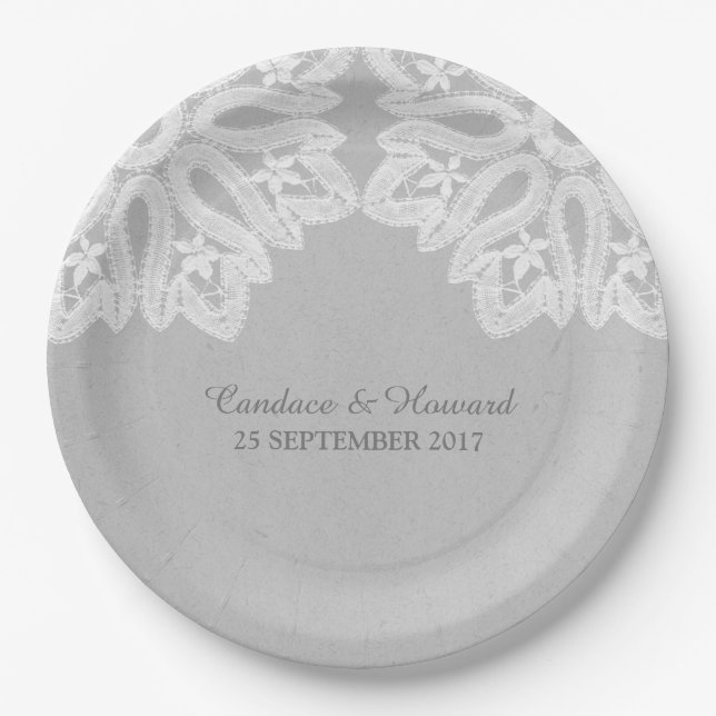 Grey Elegant Lace Paper Plates (Front)