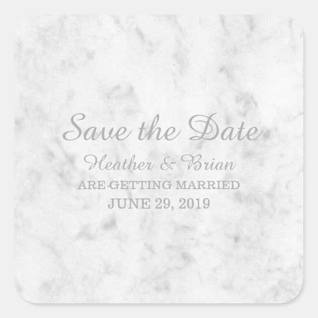 Grey Elegant Marble Save the Date Square Sticker (Front)