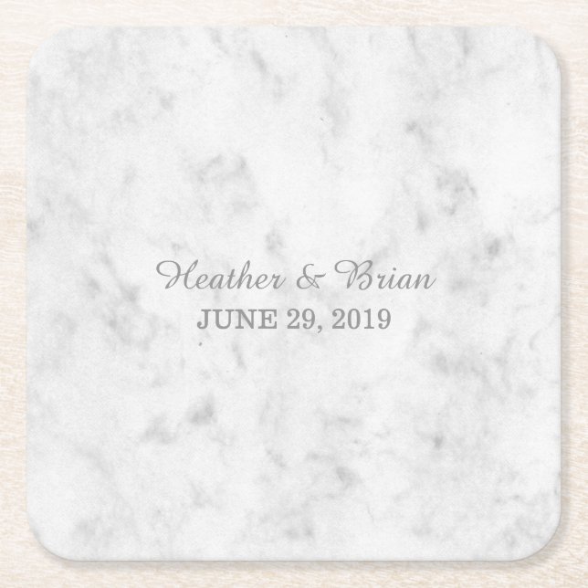 Grey Elegant Marble Wedding Square Paper Coaster (Front)