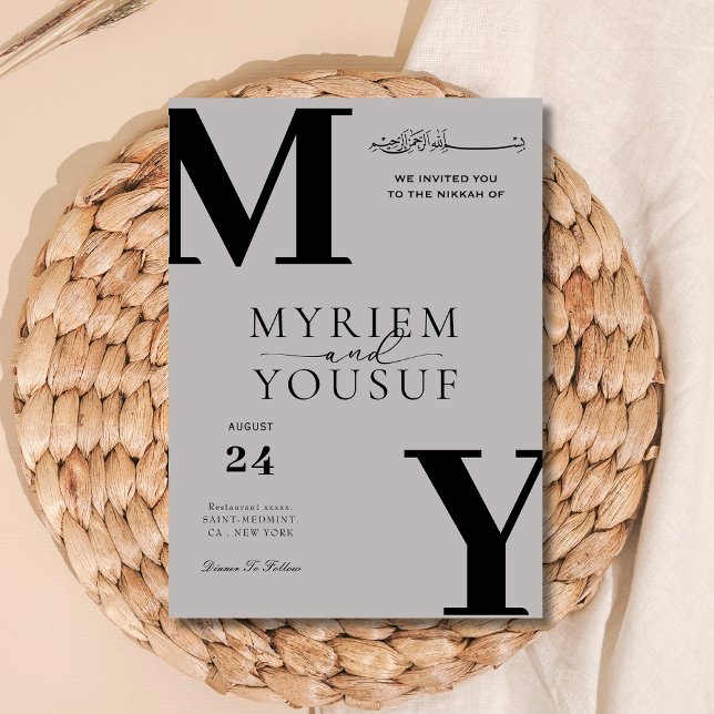 Grey elegant modern monogram Muslim wedding i Invitation (Creator Uploaded)