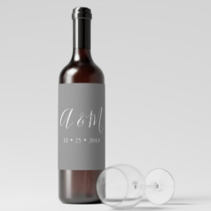 Grey Elegant Monogram Wedding Wine Label