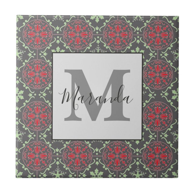 Grey Elegant Nordic Snowflake Winter Monogram Ceramic Tile (Front)