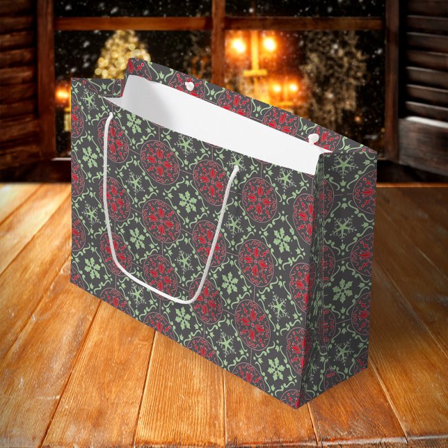 Grey Elegant Nordic Winter Snowflake Trendy Large Gift Bag (Red and green snowflake pattern grey gift bag.)