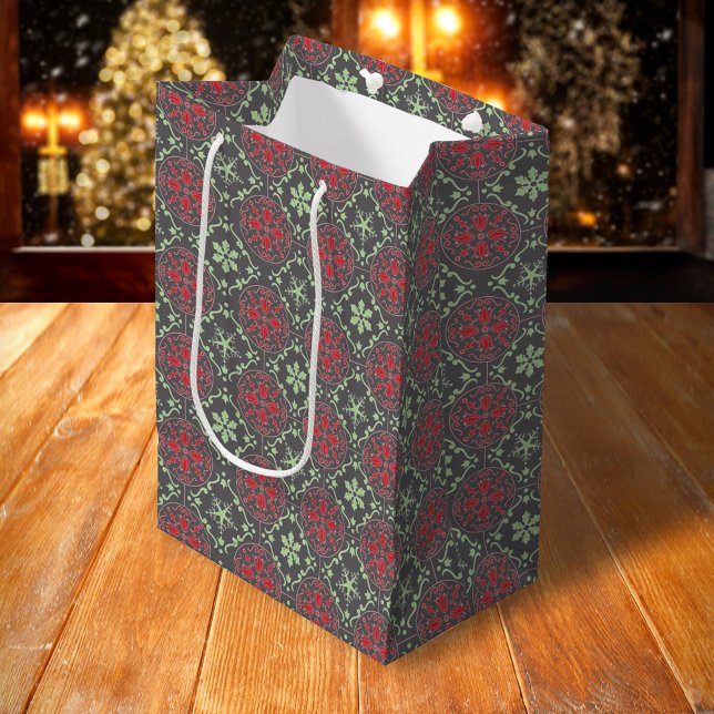 Grey Elegant Nordic Winter Trendy Snowflake Medium Gift Bag (Red and green grey snowflake pattern )