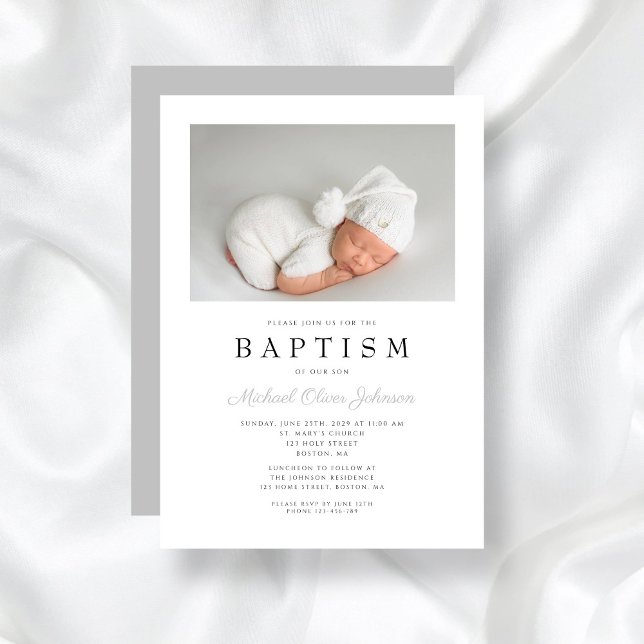 Grey Elegant Photo Boy Baptism Invitation (Gray Elegant Photo Boy Baptism Invitation)