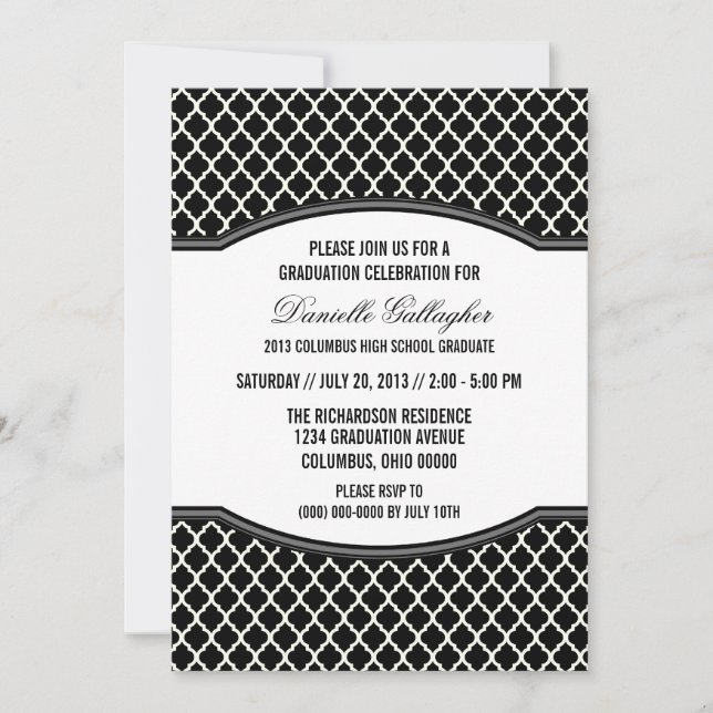 Grey Elegant Quatrefoil Graduation Invitation (Front)