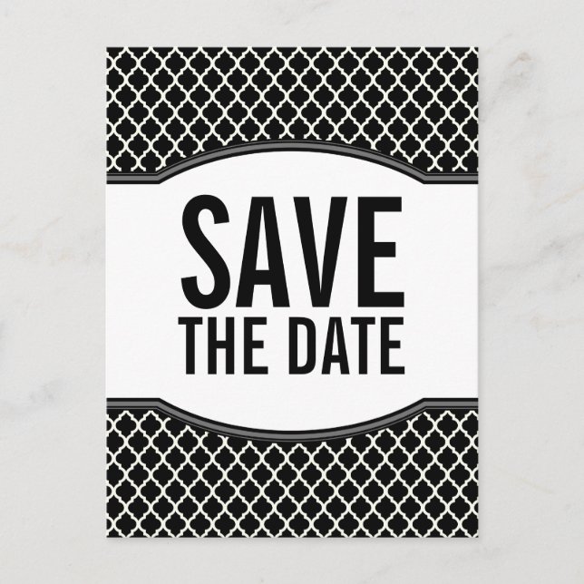 Grey Elegant Quatrefoil Save the Date Postcard (Front)