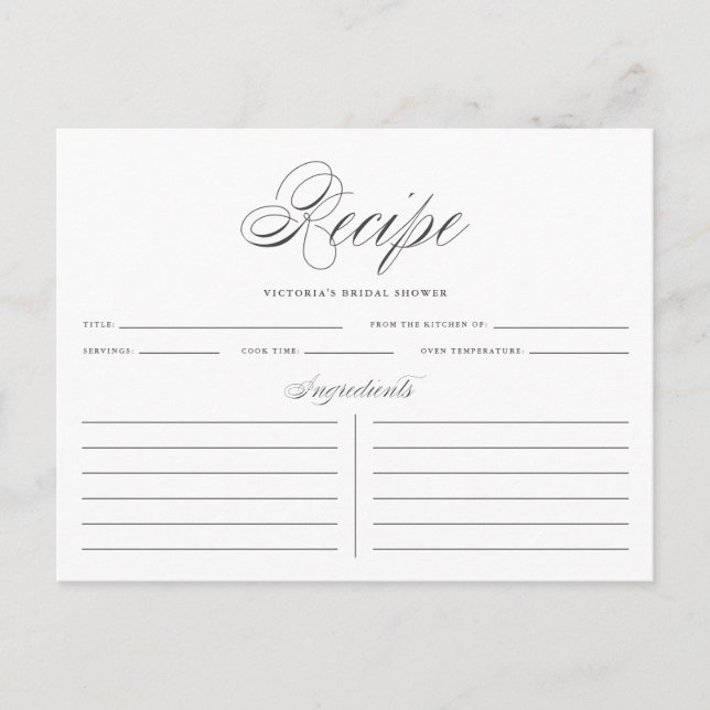 Grey Elegant Script Bridal Shower Recipe Card (Front)