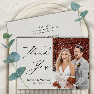 Grey Elegant Script Modern Photo Simple Wedding\ Thank You Card