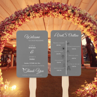 Grey Elegant Script Wedding Program and Timeline Hand Fan
