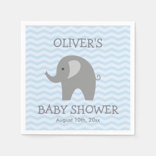 Grey elephant and blue chevron baby shower napkins (Front)