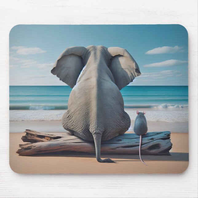 Grey Elephant and Mouse On Beach Log Mouse Pad (Front)