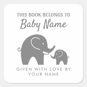 Grey elephant baby shower bookplate sticker labels