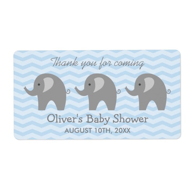Grey elephant baby shower water bottle stickers (Front)