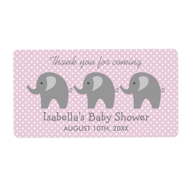 Grey elephant baby shower water bottle stickers (Front)