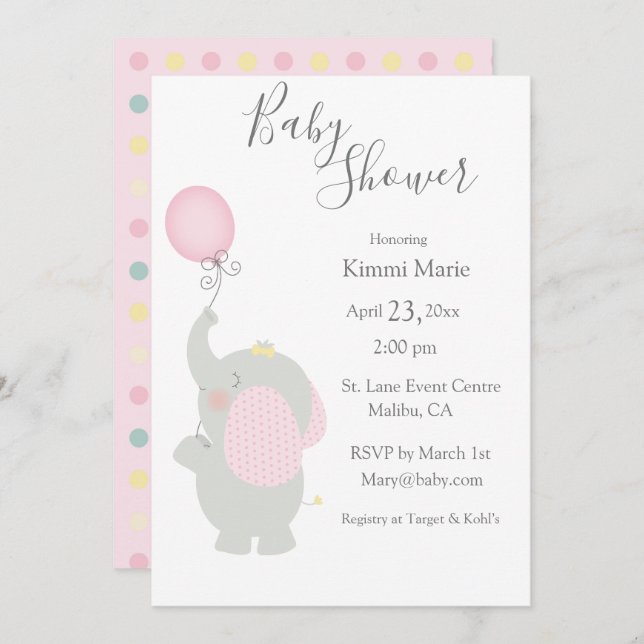 Grey Elephant Balloon Minimalistic Baby Shower Invitation (Front/Back)