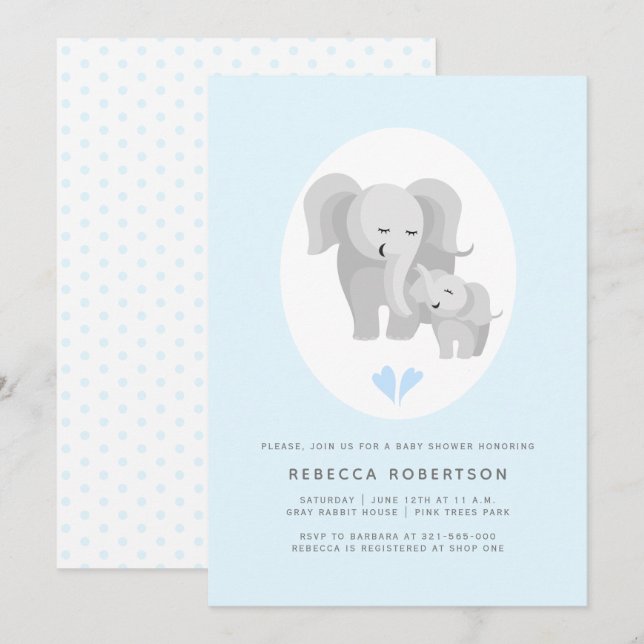 Grey elephant mother& baby boy shower light blue invitation (Front/Back)