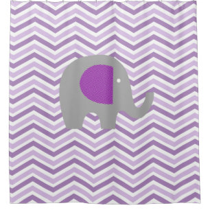 Grey Elephant on Purple, Lavender, White Chevron Shower Curtain