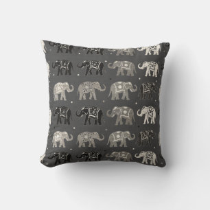 Grey Elephant Pattern Linen Look Pillow