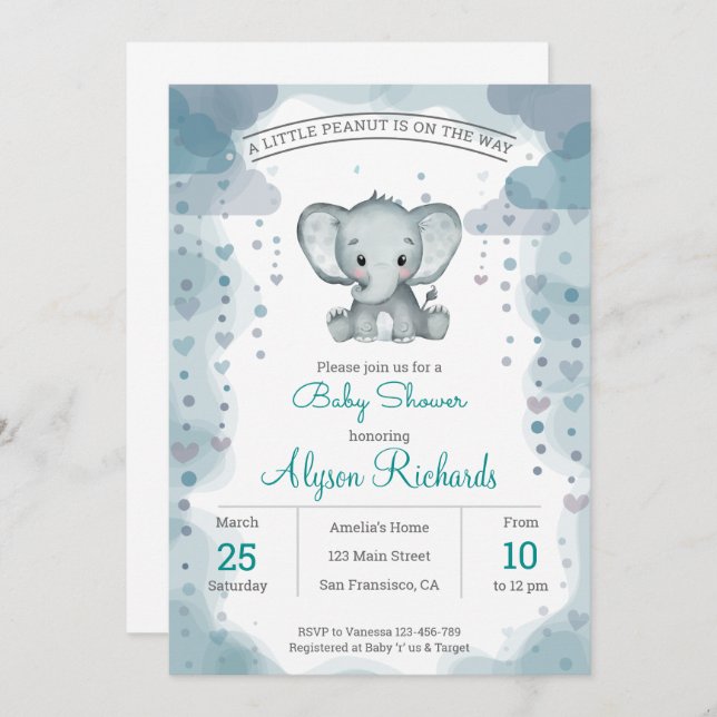 Grey Elephant Watercolor Baby Shower Invitation (Front/Back)