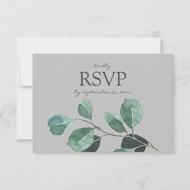 Grey Eucalyptus Leaf with Meal Options RSVP Card (Front)