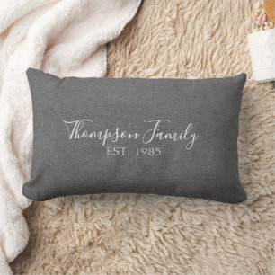 Grey Fabric Stiches Linen look with Family name Lumbar Cushion