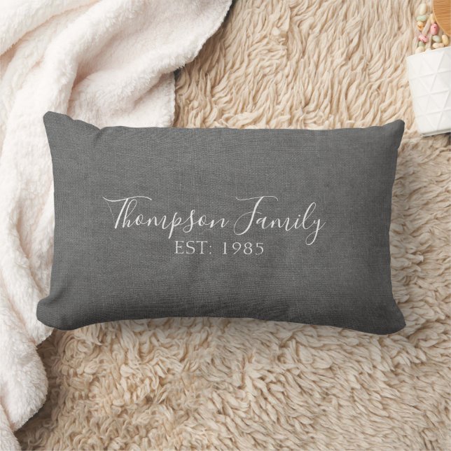 Grey Fabric Stiches Linen look with Family name Lumbar Cushion (Blanket)