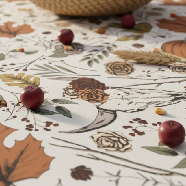 Grey Fall Harvest & Cow Skull Bull Head Floral Tablecloth (Gray Country Western Fall Pumpkin and Cow Skull Floral Tablecloth for Thanksgiving in Autumn Colors.)